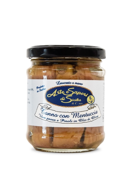 Tonno con Mentuccia uva passa e pinoli in olio di oliva